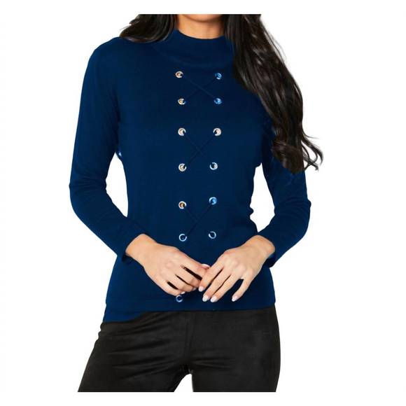 NEW ANGEL APPAREL lace up mock neck top in cadet - Picture 1 of 1